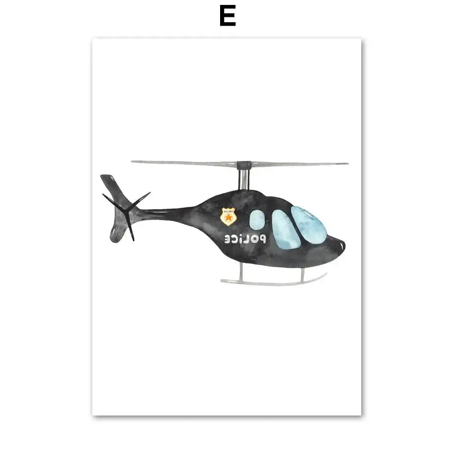 Black watercolor police helicopter illustration with light blue windows and gold badge motion canvas print decorbites adventures