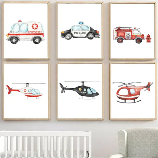 Set of six framed colorful watercolor emergency vehicle prints including ambulance and fire truck for nursery decorbites adventures motion canvas print