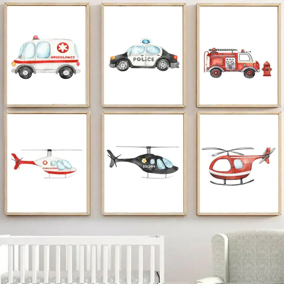 Set of six framed colorful watercolor emergency vehicle prints including ambulance and fire truck for nursery decorbites adventures motion canvas print