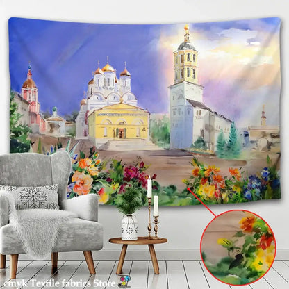 Watercolor fantasy castle printed mandala wall hanging featuring russian orthodox church with floral borders decorbites 3d printed