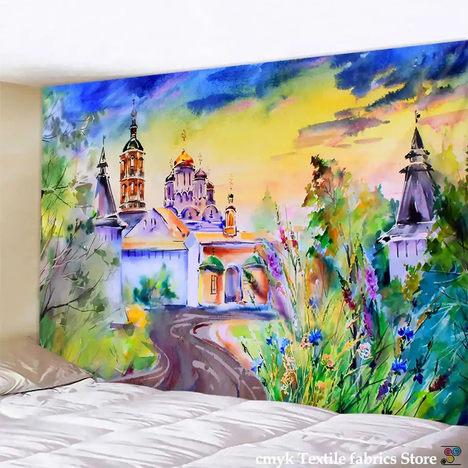 Vibrant watercolor style printed mandala wall hanging featuring a russian orthodox church decorbites 3d printed bedroom decor