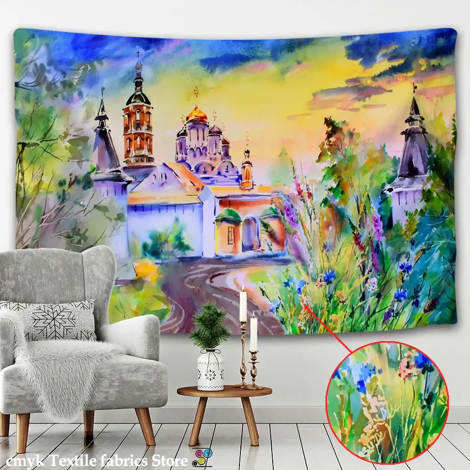 Vibrant watercolor printed mandala wall hanging featuring a russian orthodox monastery with golden domes decorbites 3d printed