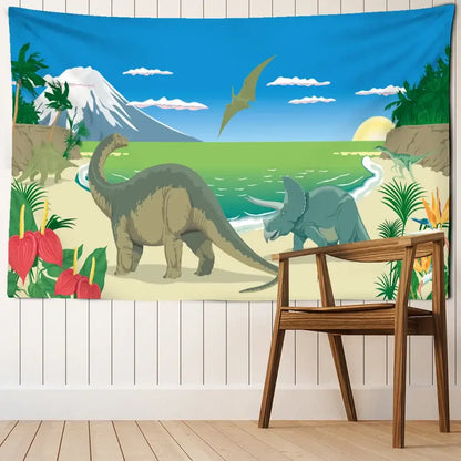 Vibrant decorbites dinosaur tapestry wall hanging with green brachiosaurus and triceratops for boy room decor