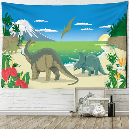 A vibrant decorbites dinosaur tapestry wall hanging featuring green and pink dinosaurs for boy room decor