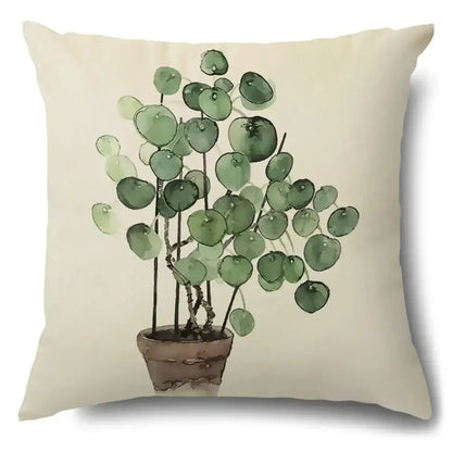 Beige cotton pillow case with green leaves decorative watercolor illustration for living room use