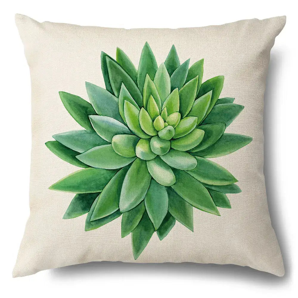 Beige linen pillow case featuring vibrant watercolor green leaves decorative design for living room use