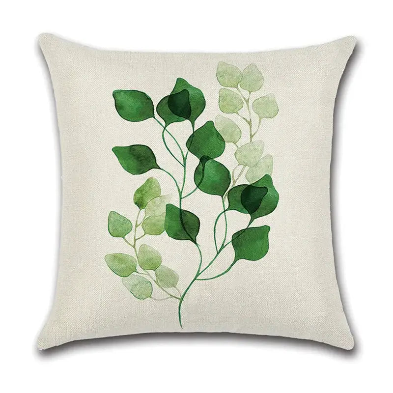 Beige linen pillow case set featuring a watercolor green leaves decorative design for living room cotton use
