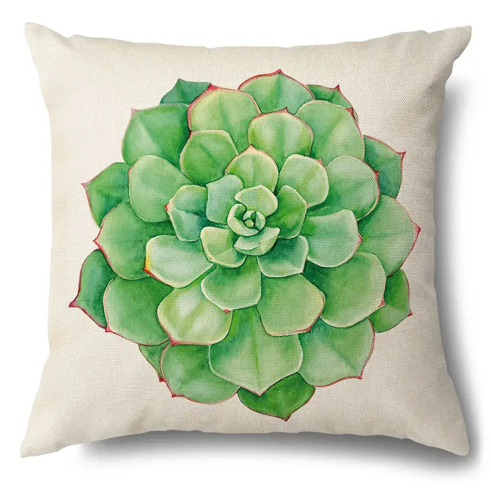 Beige linen pillow case with green leaves decorative watercolor succulent design for living room use