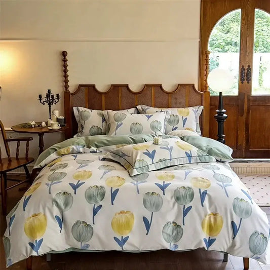 Watercolor yellow and green tulip cotton bedding set featuring a soft duvet cover for elegant bedroom decorbites cotton bedding