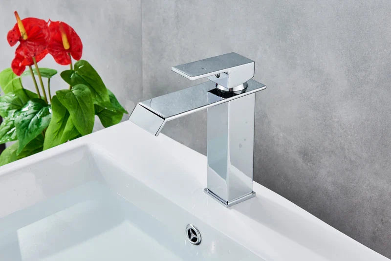 Modern chrome finished waterfall bathroom faucet single hole with sleek rectangular design and waterfall spout