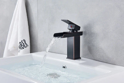 Black matte-finish waterfall bathroom faucet single hole with sleek modern design for contemporary use