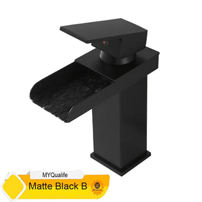 Matte black waterfall bathroom faucet single hole with modern rectangular design and sleek minimalist finish