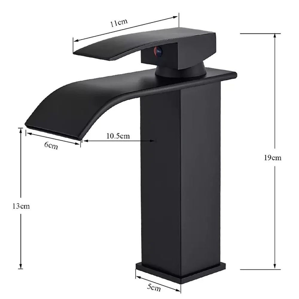 Black matte-finish waterfall bathroom faucet single hole with sleek modern design and rectangular spout