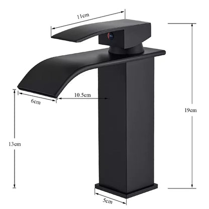 Black matte-finish waterfall bathroom faucet single hole with sleek modern design and rectangular spout
