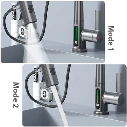 Modern stainless steel single hole bathroom faucet with digital temperature display showing 38 degrees for hot cold water