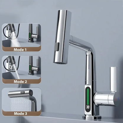 Modern chrome-finished single hole basin faucet with digital temperature display and cold water mixer for bathroom sink