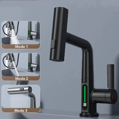 Black matte single hole smart kitchen faucet with digital temperature display for hot and cold water sink mixer