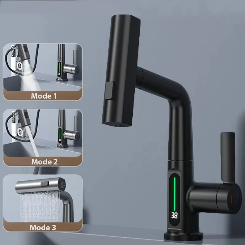 Black matte single hole smart kitchen faucet with digital temperature display for hot and cold water sink mixer