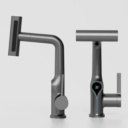 Modern matte black smart kitchen basin faucet with integrated digital temperature display and waterfall stream sprayer