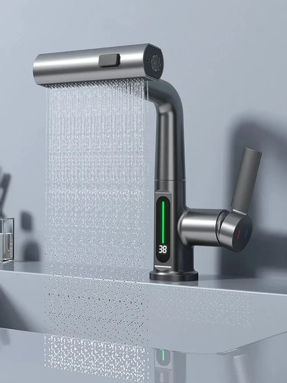 Modern brushed stainless steel single hole basin faucet with sleek curved design and digital cold water temperature display