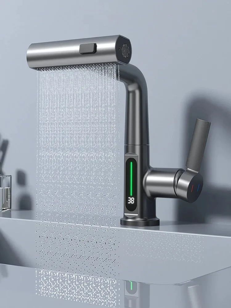 Modern brushed stainless steel single hole basin faucet with sleek curved design and digital cold water temperature display