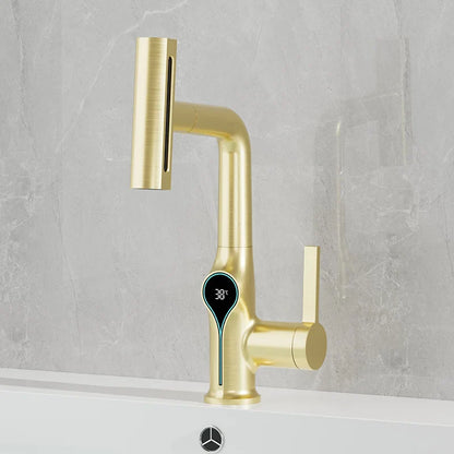Gold-colored smart basin faucet with digital temperature display 38 degrees waterfall design for bathroom sink