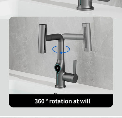 Modern matte gray basin faucet with sleek angular design and digital temperature display for bathroom sink mixer