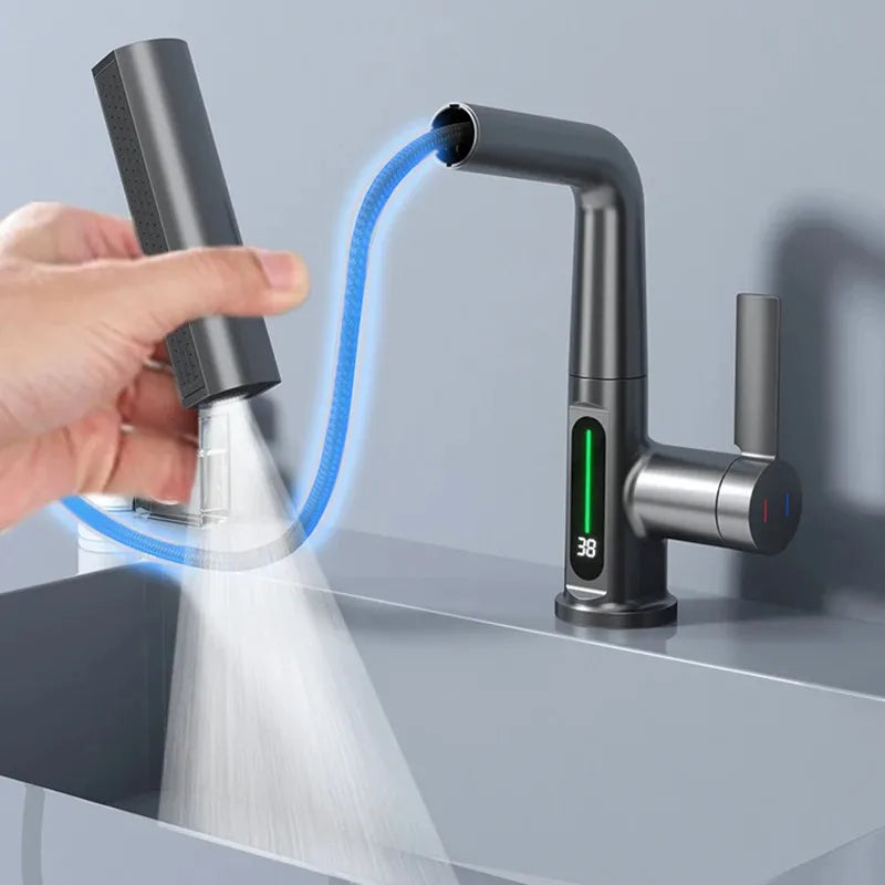 Modern matte black single hole basin faucet with digital temperature display and flexible spray nozzle for cold water