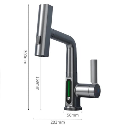 Modern matte black and brushed stainless steel single hole waterfall basin faucet with digital temperature display for cold water