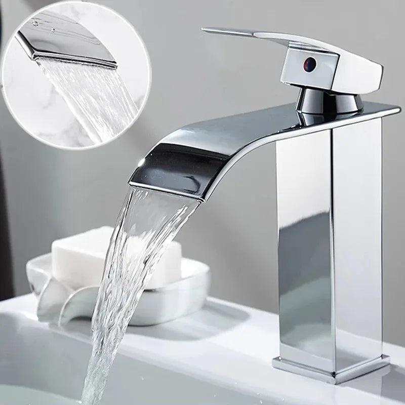 Modern chrome stainless steel waterfall wash basin faucet with sleek rectangular design and single red button control