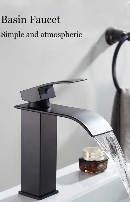 Black matte stainless steel wash basin faucet with sleek modern design and waterfall spout for bathroom use