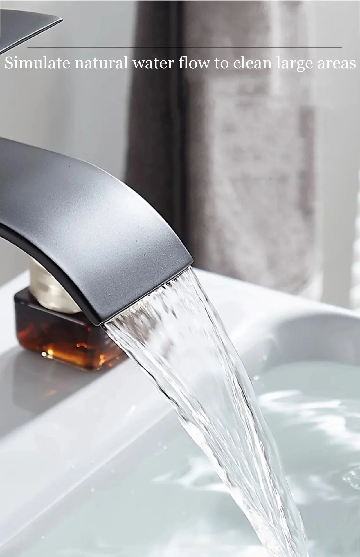 Matte black stainless steel waterfall faucet with smooth curved spout for wash basin bathroom use