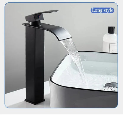 Black matte stainless steel waterfall faucet with sleek modern design for wash basin in bathroom use