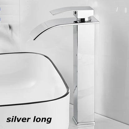 Silver chrome-finished tall stainless steel wash basin faucet with sleek modern design and curved spout for bathroom use