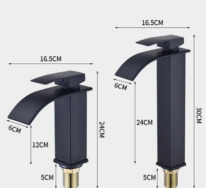 Black matte stainless steel waterfall wash basin faucet with sleek curved spout and rectangular base for bathroom use