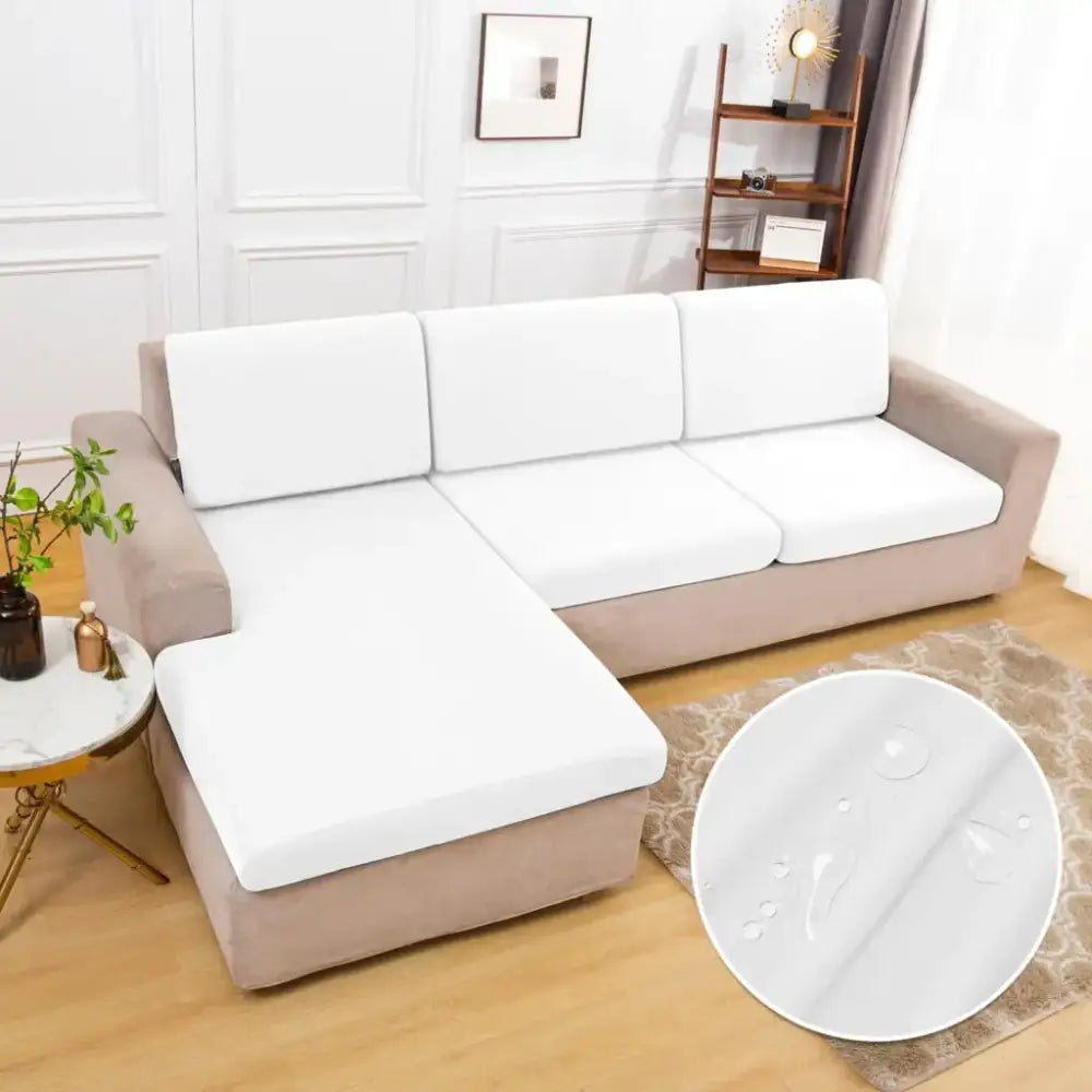 White stretchy waterproof sofa cushion cover snugly fits beige sectional couch with water-resistant fabric detail