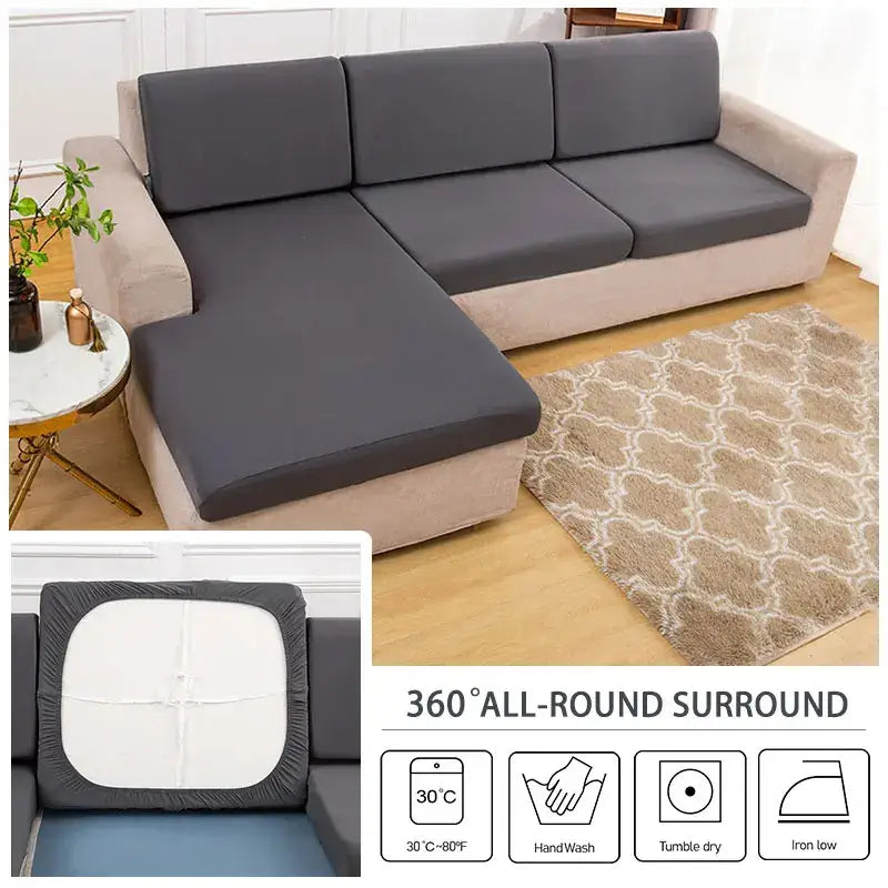 Waterproof gray elastic sofa cushion cover with gray stretchy fabric and 360° all-round surround design for living room protection