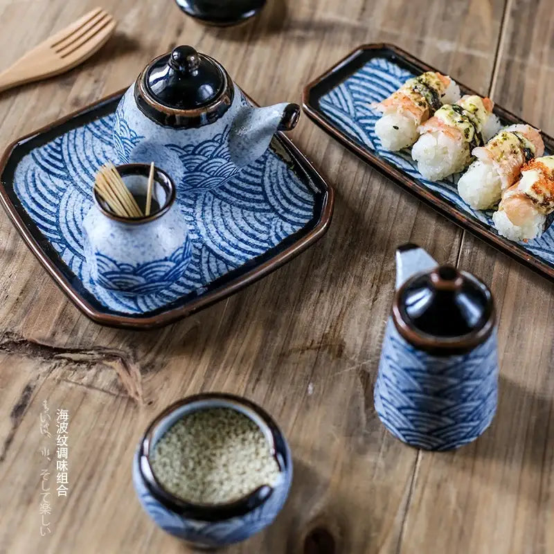 Wave pattern blue and white ceramics kitchen seasoning set with teapot pitcher and tray from decorbites blue ceramics