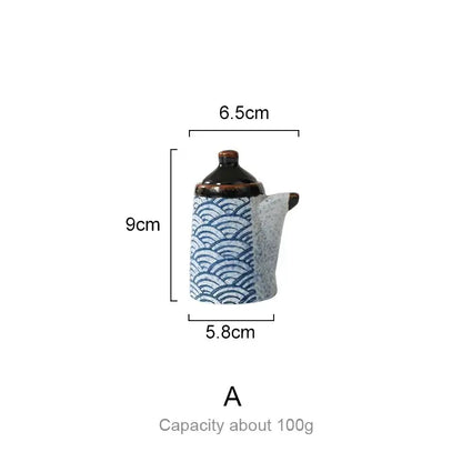 A miniature ceramic teapot with blue and white wave pattern dark brown lid and spout for decorbites blue ceramics kitchen seasoning set