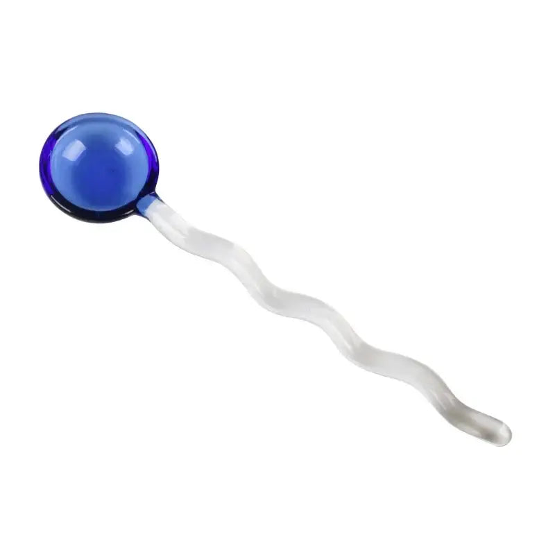 Translucent blue glass spoon coffee stirring rod with wavy frosted white stem for kitchen use