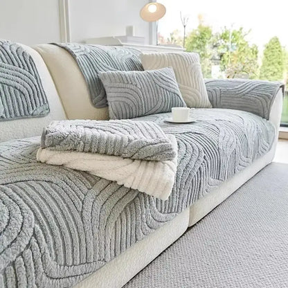 Gray and cream plush sofa cover with wavy ribbed textured pattern for living room set
