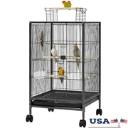 Black metal bird cage with wooden perches and wheels designed for small-sized birds by DecorBites 31 inch model