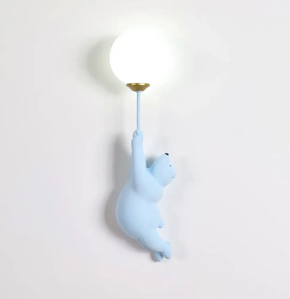 Light blue decorbites blue bear wall lamp with spherical white lampshade and gold-toned fixture for bedroom lighting
