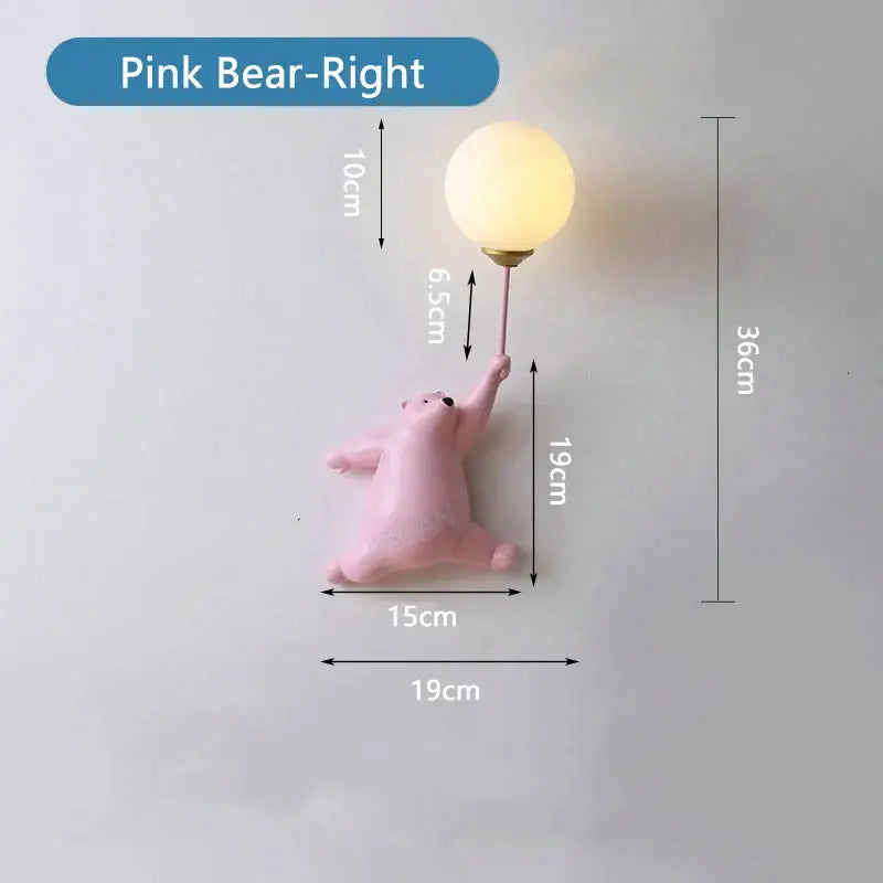 Pink bear 3d moon wall lamp with a round warm-toned glass globe and slender pink stem for bedroom decorbites lighting