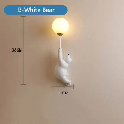 White ceramic polar bear wall lamp with spherical frosted glass bulb for whimsical bear 3d moon bedroom lighting