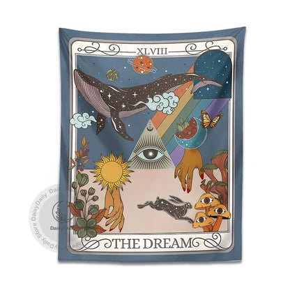 A blue decorbites dream tarot tapestry featuring mystical celestial elements for bedroom wall art decor