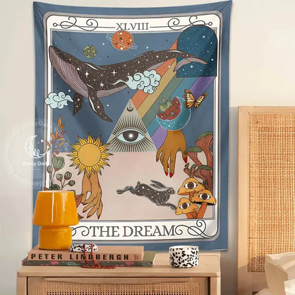 A vibrant blue decorbites dream tarot tapestry featuring mystical celestial design with whale and the dream text