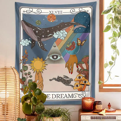 A blue decorbites dream tarot tapestry with mystical celestial whale design and text for bedroom wall art