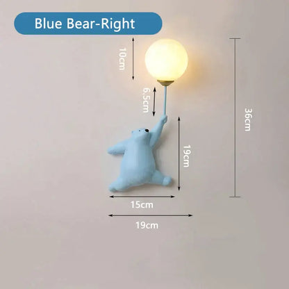 Light blue bear wall lamp with spherical warm bulb in whimsical blue pink and white design for kids bedroom