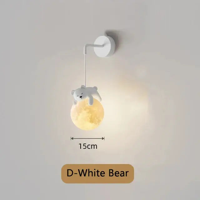 Whimsical blue pink and white bear wall lamp with glowing textured moon base for kids bedroom wall lamp decor